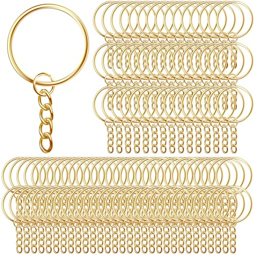 AiQInu 100 Pezzi 25mm Anelli Portachiavi con Catena, Anelli per Portachiavi con Catenella Split, Portachiavi Fai da Te per Porta Chiavi Mestieri Lavori di Bricolage - Dorato