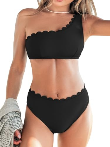 CUPSHE Ensemble bikini deux pièces pour femme - Maillot de bain une épaule mi-haute festonnée - Bretelles larges - Crochet dans le dos | Bandoulière amovible, bonnets souples amovibles, bretelles réglables, bordure festonnée, une épaule, couverture modérée
