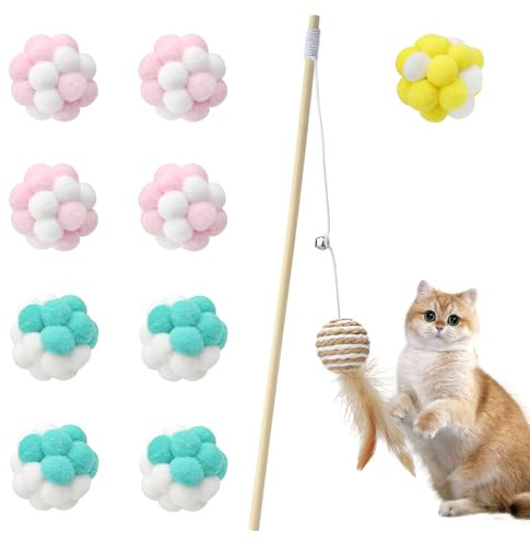 UOCAI Jouet pour Chat, 9 Balles Élastiques en Peluche avec Grelot + Baguette Interactive 40 cm à Plume Set Ludique pour Chatons et Chats Adultes, Doux, Durable et Anti‑Stress