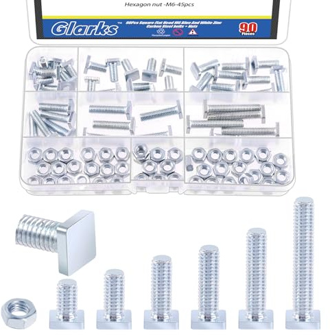 Glarks 90pcs M6 x 10/12/16/20/25/35MM Square Head Bolt Kit, Zinc Plated Fully Thread Carbon Steel Grade 4.8 Square Machine Screws Bolt with Hex Nut for Machinery Electrical Connections Construction