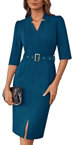 GRACE KARIN Abito da donna con scollo a V, maniche a 3/4, bodycon, elegante, slim fit, abito da cocktail con cintura, abito formale da lavoro, Blu pavone, M