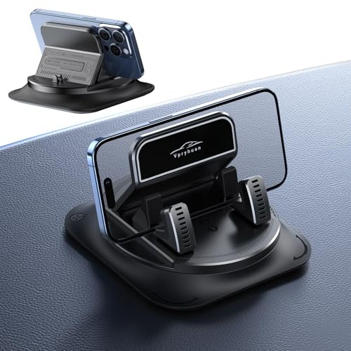 Vpryhuan 360 Degree Rotation Dashboard Phone Holder for Car, Anti-Slip Grips & One-Hand Operation Car Cell Phone Mount with Adjustable Spring Clip, Compatible with iPhone Samsung All Smartphones