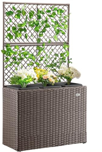 BAKAJI Fioriera da esterno con spalliera in polyrattan, 3 Vasi Removibili Contenitori per Piante, Traliccio da Esterno con grigliato ideale x Giardino, Balcone, Terrazzo, Pianta Rampicante (Marrone)