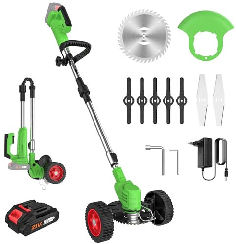 Desbrozadora Bateria 21V, Desbrozadora Electrica con 1 Baterías y 3 Cuchillas, Ruedas Desmontables, Altura Ajustable, Cortacésped de Batería Plegable para Recortar Césped y Arbustos
