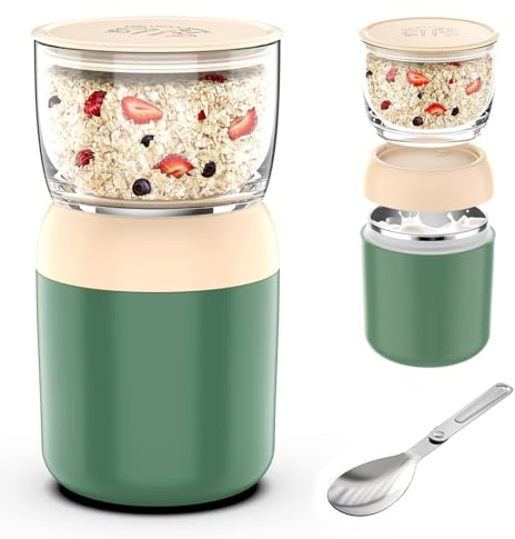 Anhow Müslibecher to go 700ml, Isolierende Edelstahlinnenwand 400ml+300ml Trennwand Joghurtbecher to go Becher mit Klapp Löffel für Joghurt/Porridge/Haferflocken - Grün