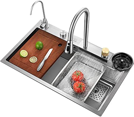 Cascata nano nera da incasso per cucina con postazione di lavoro per lavaggio bicchieri in vetro, mobile bar in acciaio rustico con una sola vasca e rubinetto estraibile per uso commerciale e per la r