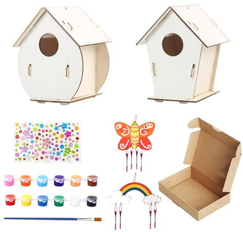 Outdoor Bird House - Wooden Birdhouse Kit Includes Paints & Brushes, Wooden Assembly Birdhouse, 2 Sets,Educational Outdoor Toys For Kids Ages 4-8, Arts & Crafts