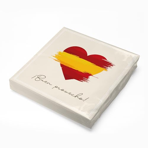 itenga 20 x Serviettes en papier avec drapeau espagnol et cœur 30 x 30 cm 3 plis – Buen Provecho! – Lot de 20 serviettes en papier
