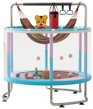 Trampoline Enfant 5ft pour Bébé, Mini Trampoline Intérieur et Extérieur avec Panier de Basket, Balançoire, Sac de Sable et Boules Océaniques, Aire de Jeux Amusante