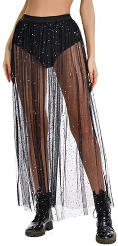 UJBVCX Falda Transparente Larga Festival, Falda Tul Mujer Negra para Festival, Halloween y Look Bruja, Ropa Festivall Mujer, Outfit Festivall Mujerr con Lentejuelas y Pantalón Vestir, XL