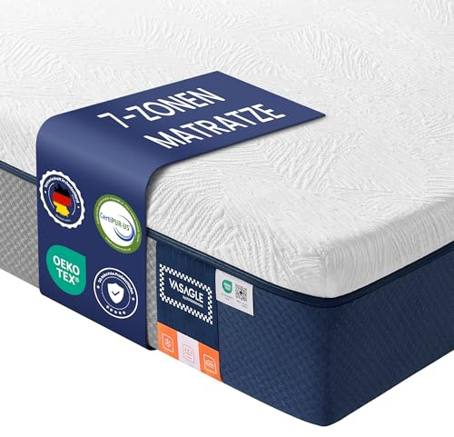 VASAGLE madrass, 140 x 200 cm, dubbel madrass av gel-minnesskum, medelfast, H3, 7-zonsstöd, andas, avtagbart, maskintvättbart överdrag, 25 cm tjock, blå RMZ134QZ01