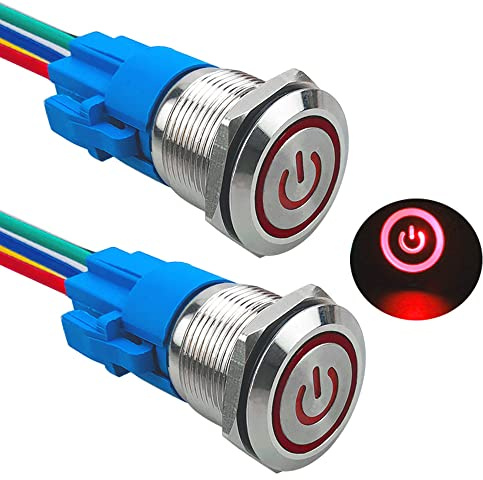 Aiqeer 2 Pezzi 19 mm Interruttore a Pulsante Autobloccante, 12V / 24V 5A Interruttore di Accensione per Auto, Interruttore a Pulsante in Metallo con Presa Precablata (LED Rosso)