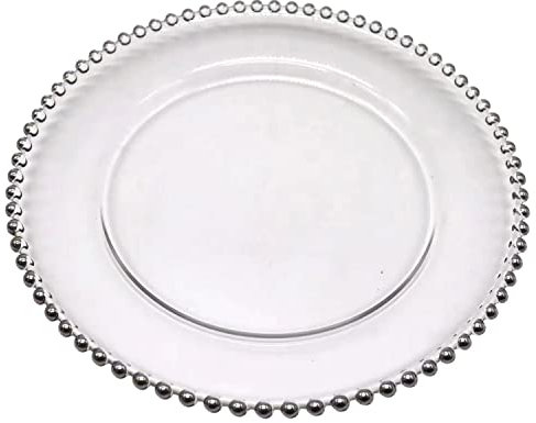 WedDecor Round Clear Glass Charger Plates with Silver Beads, Centerpiece Presentation Plate Set Dinner Table Decorations Weddings Banquets Christmas Dining Parties Tableware, 33cm, 1pc