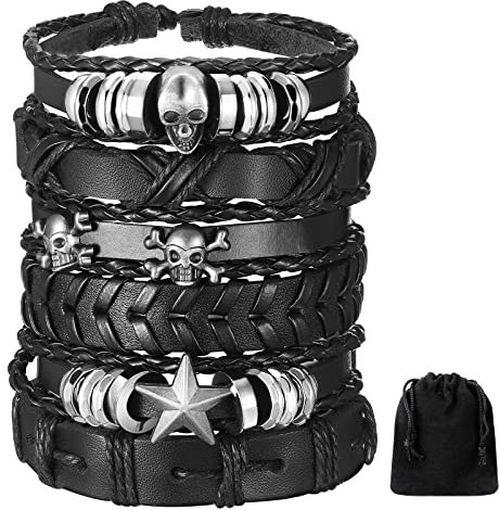 BBTO 6 Stück Schwarz Geflochten Lederarmband für Männer Punk Schädel Armband Handgelenk Rock Armreif Verstellbar Totenkopf Armband Schmuck für Männer Frauen