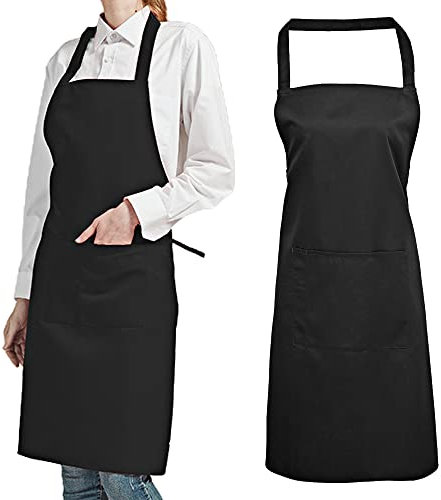 Gvolatee 2 Pezzi Grembiule da Cucina con Cintura Regolabile Collo Uomo e Donna, con Tasche Nero Multiuso da Ristorante Chef Cuoco Cameriere Barman da Lavoro Barbecue Giardinaggio Bar Parrucchiere