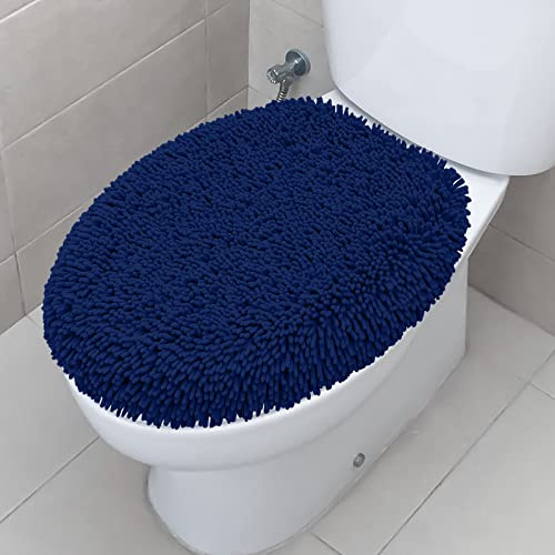 TREETONE Lurvig chenille badrum toalettlocksöverdrag, ultramjukt plysch sätesskydd, fluffigt absorberande, 40 x 50 cm, standard toalettlock för badrum maskintvätt och torr, marinblå
