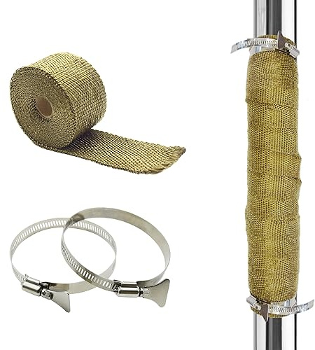 DOBTIM Fireproof Pipe Wrap Insulation 2 Wide X 16' Long, Fiberglass Heat Shield Tape Pipe Webbing for Stove Flue Protector with 2 Clamps, Titanium