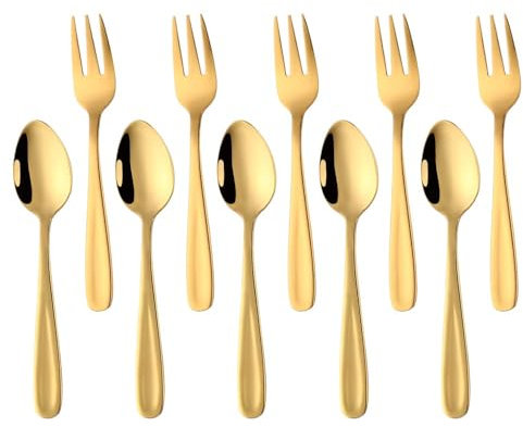 YDware 304 Edelstahl Espressolöffel Klein Kuchengabeln Set, Espressolöffel gold Dessertgabeln Set, Obstgabeln Kaffeelöffel 136mm Läng 10 stück, Wiederverwendbar-Gold