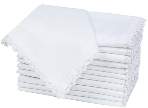 Servilletas de tela blanca con encaje de algodón, lavables y reutilizables, para hotel, almuerzo, restaurante, bodas, eventos y fiestas (paquete de 12, 18 x 18 pulgadas)