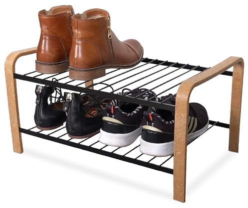 LM 390 Schuhregal aus Öko-Holz, ideal für Eingangsbereiche, Flur,Schrank und Platzsparende Aufbewahrungs- für Schuhregale - (2 Ebenen, Schwarz-Holz)