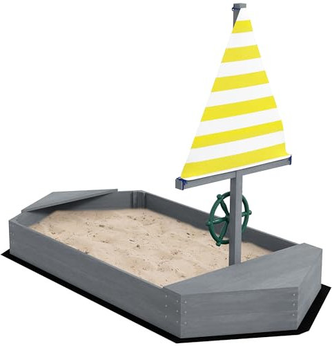 Outsunny Sabbiera per Bambini 3-8 Anni a forma di Barca senza Fondo, Sabbionaia in Legno di Abete e Poliestere, 190x90x138 cm, Multicolore