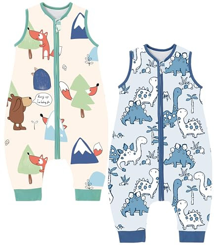 Chilsuessy 2er Pack Baby Schlafsack mit Füße 1.5 Tog Ganzjahres Schlafsack Baby Schlafsäcke Babyschlafsack mit Beinen für Säugling Kinder, 1.5 Tog/Dinosaurier + Wald, 80cm/Baby Höhe 90-100cm