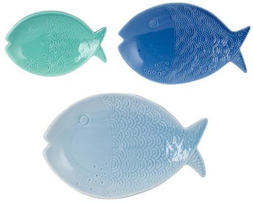 Set de 3 plateaux de service en céramique en forme de poisson, 27 cm, bleu, vert et bleu foncé