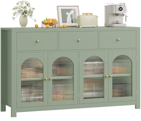 FINETONES Buffet Cabinet with Storage, 55.1 Large Sideboard Buffet, Farmhouse Kitchen Cabinet with 3 Drawers and 4 Doors, Wood Coffee Bar Table for Kitchen, Green
