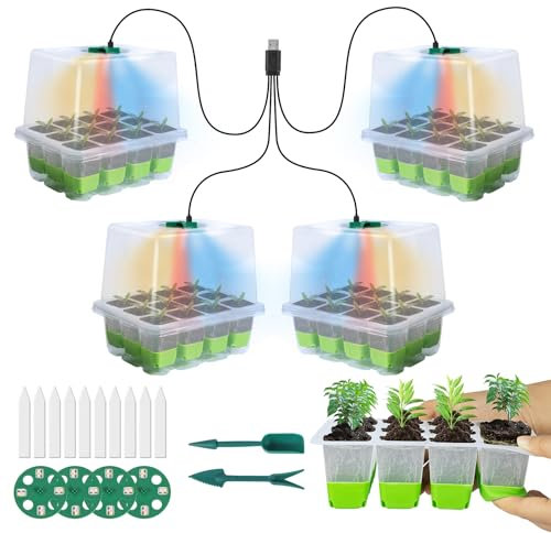 Qoosea Mini Serre pour Plantes 4 Pièces, Bac à Semis avec LED Lumière Serre pour Semis, Universel Plateau de Culture pour Plantes, Intérieure Germination en Serre pour Légumes, Fruits, Fleurs (Vert)