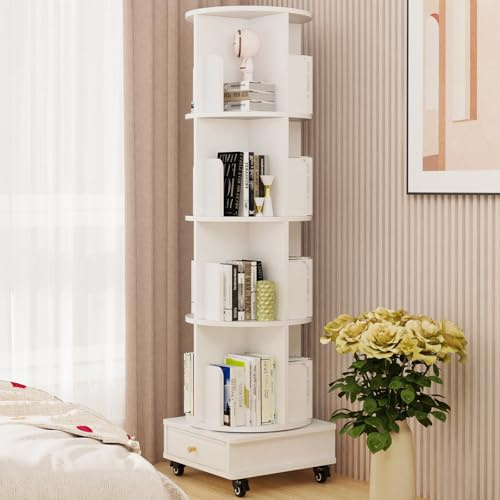 CHOWGOLI Libreria girevole a 360°, libreria per soggiorno, camera da letto, 4 strati, con cassetto in tessuto e ruote, colore bianco, 40 x 40 x 147 cm
