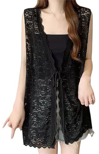 Générique Gilet D'Été Mi-Long En Crochet pour Femme, Cardigan En Dentelle Sans Manches, Léger, Style Bohème, Ajouré, Kimono, Ouvert Sur Le Devant, Chemisiers