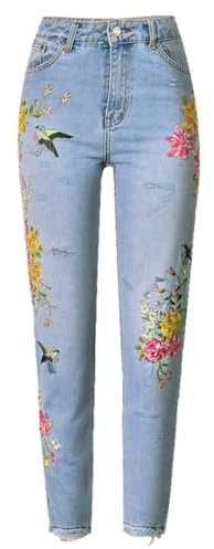 OATTIS Ricamo di Fiori di Uccello da Donna sul Davanti E sul Retro, Tubo Dritto A Vita Alta, Usura Irregolare, Jeans,Colore1,XL