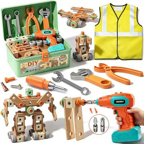 CUTE STONE Kids Tool Set with Electronic Drill, 168Pcs Tool Kit with Construction Vest and Tool Box, Montessori Toys Educational Construction Toy, Pretend Play Building Toy Gift for Toddler Boys Girls