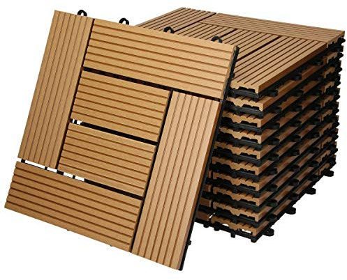ECD Germany WPC Terrassenfliesen 30x30 cm/11 Stück=1m², Teak, Mosaik, Holzoptik, Bodenbelag mit Klicksystem und Drainage, Terrassendielen Balkonfliesen, Klickfliesen für Terrasse, Garten und Balkon