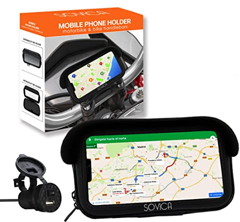 Sovica Soporte movil Moto Impermeable con Cargador 2.1A Carga rapida Funda Protectora Visera antireflejos Valida para Smartphones hasta 7.2 sujecion al Manillar Doble Tornillo Forro antilluvia
