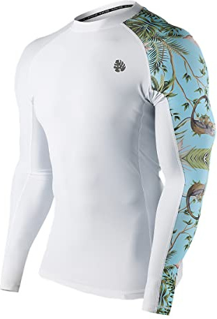 HUGE SPORTS Swim Shirts for Men UPF 50+ Quick Dry Compression Long Sleeve Mens Rash Guard(White Forest,Medium)