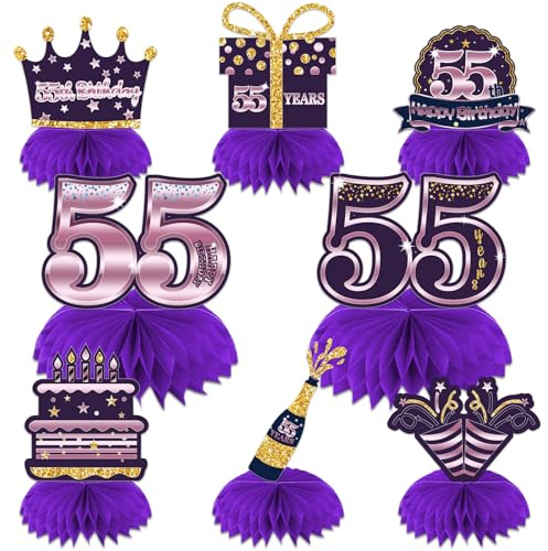 Happy 55th Birthday Honeycomb Centerpieces 55th Birthday Decor Purple Golden Table Toppers Cheers to 55 Years Table Decorations for Woman Man Anniversary Fifty-Five Years Birthday Party Favors