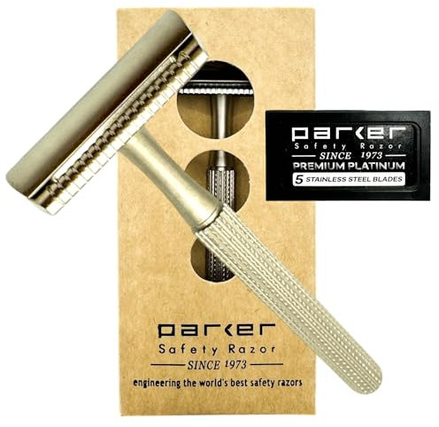 Parker, rasoio di sicurezza a pettine chiuso in 3 pezzi modello 78R con 5 lame Parker Platinum incluse (cromo satinato)
