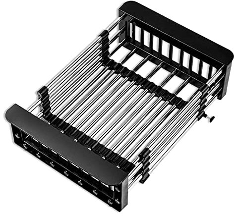 HERCHR Scolapiatti sopra il lavandino,scolapiatti retrattile in acciaio inox,cestello di scarico telescopico,cestello da cucina,cestello di scarico,organizer per lavello per frutta e verdura(L-Nero)