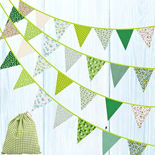 funvce Large Fabric Bunting Banner, 39.5ft Floral Vintage Triangle Flag Garland Reusable Cotton 42pcs Floral Pennants Decoration for Garden Wedding Baby Shower Birthday Parties (Green)