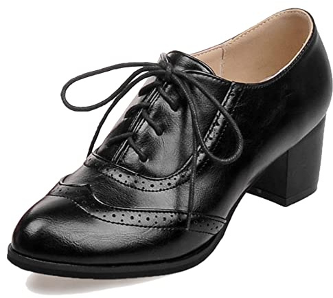 Lroey Reoly Oxfords de Mujer con Tacón En Bloque, Bombas de Tacón Medio Punta Rojoonda Cordones Zapatos Brogue Clásica, Talla 31-52