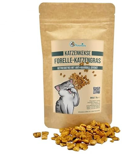 Pfotenliebe Katzenleckerlies, kleine Kekse, Forelle & Katzengras, Getreidefrei mit Anti-Haarball-Effekt, 70g