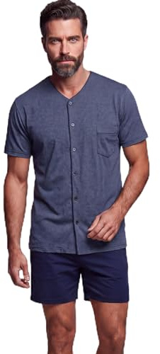 SNELLY Pigiama Uomo Estivo Primaverile 100% Cotone, Pigiami 2 Pezzi Maglia Maniche Corte e Pantalone Corto o Lungo, Pigiama Aperto con Bottoni, Grigio e Blu Navy, Taglia M L XL XXL (Taglie Forti)