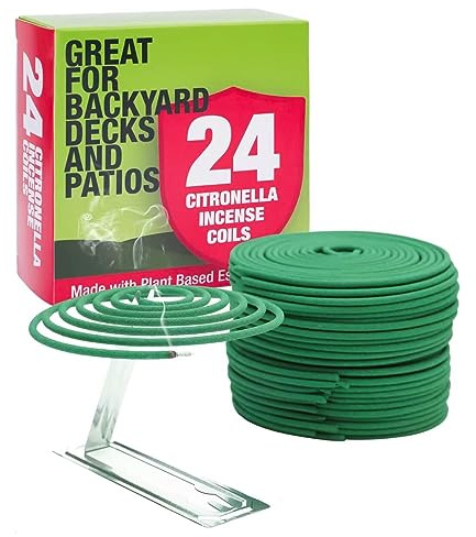 Citronella rökelsespole – varje spole kan hålla i 5-7 timmar – lämplig för utomhuscamping, uteplats, vandring osv (1 paket innehåller 24 spolar och 2 spolstativ)