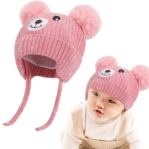 Söt björn barn vinter fleece fodrad stickad mössa med öronklaffar dubbel pom-pom chenille lurvig mössa öronlapp varm mössa hatt med rem kallt väder varm mössa för 1-5 år spädbarn småbarn pojkar