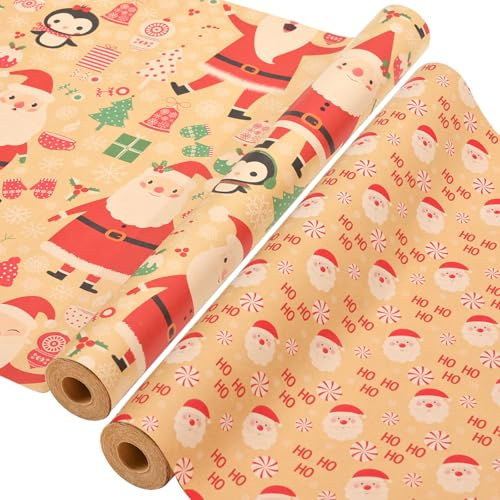 Ahfulife 2 Rotoli 43cm x 15m di Carta da Regalo di Natale, Carta Kraft Riciclabile per Natale Scatole Regalo Wrap, Carta da Regalo Natalizia Rolls Carta Kraft (C - Hoho Santa Claus)