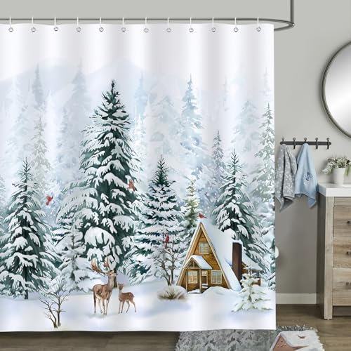 Bonhause Tenda Doccia Inverno Albero di Natale Foresta Cervo Pino Tende per Doccia in Poliestere Impermeabile Antimuffa Lavabile Tende Bagno 180 x 180 cm con 12 Ganci