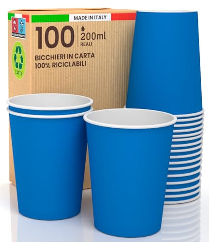 Baciato Caffè 100 Vasos de Papel, Azul, 200 ml, Ecológicos y Biodegradables, Vasos Desechables por Llevar, Resistente al Calor, Bebidas Frías, Calientes, Café, CAPPUCCINO