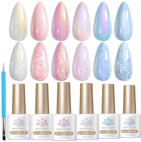 BORN PRETTY Aurora Gel Nail Polish 6 Colors Iridescent Glitter Pink White Purple Color Gel Drawing Nail Gel Polish Soak Off Swirl Shell Thread Effect U V Gel for Salon Home
