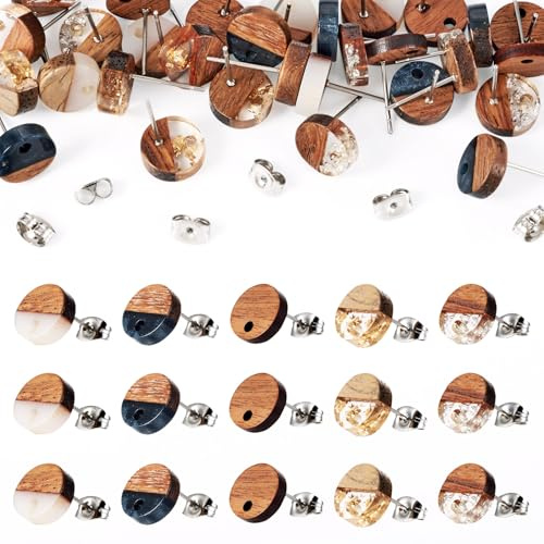 PandaHall Lot de 30 tiges de boucles d'oreilles rondes et plates en bois avec écrous pour boucles d'oreilles percées 10 mm